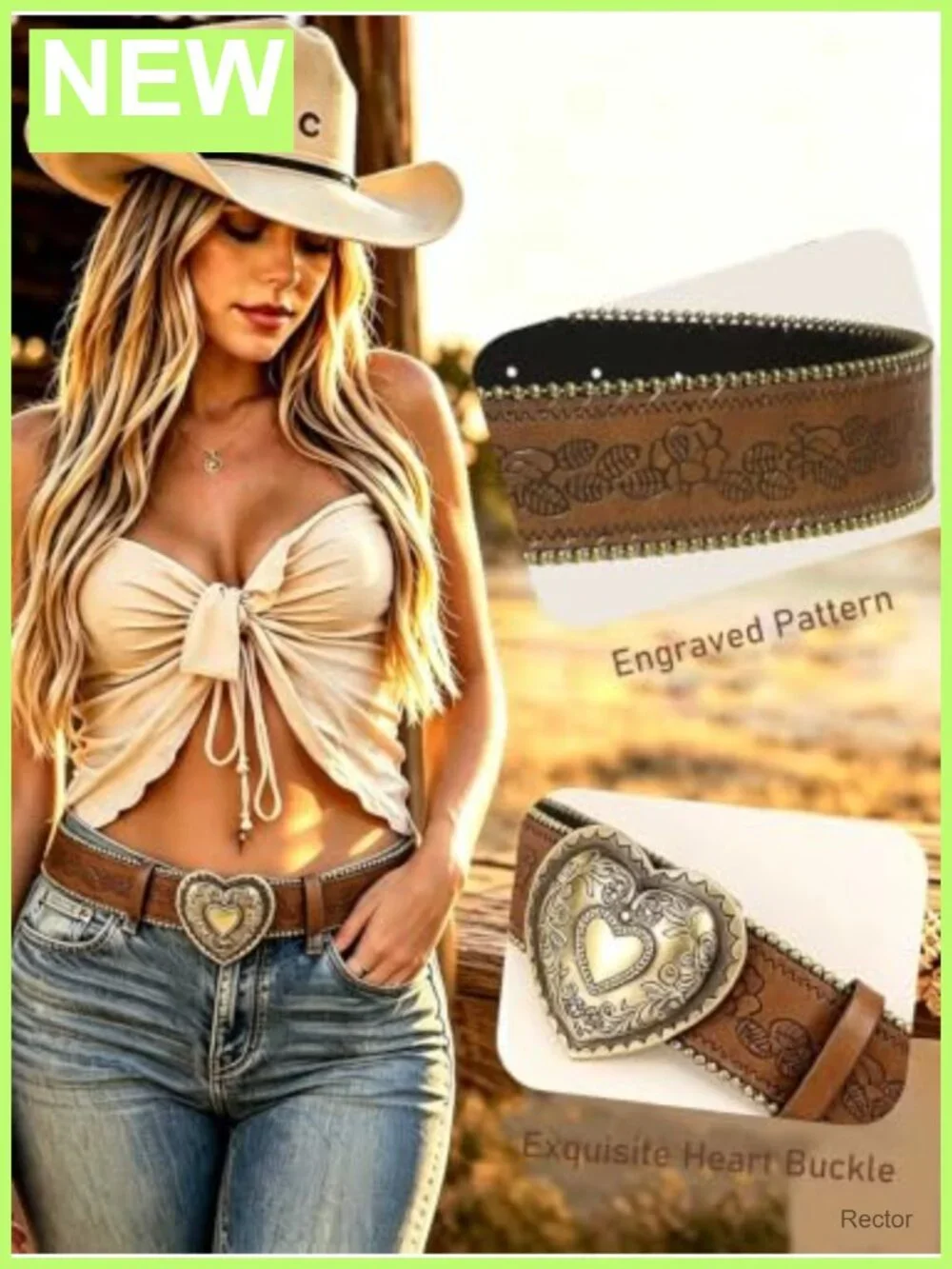 Western Belt with Heart Embossed Buckle, PU Leather, Alloy Buckle, Adjustable